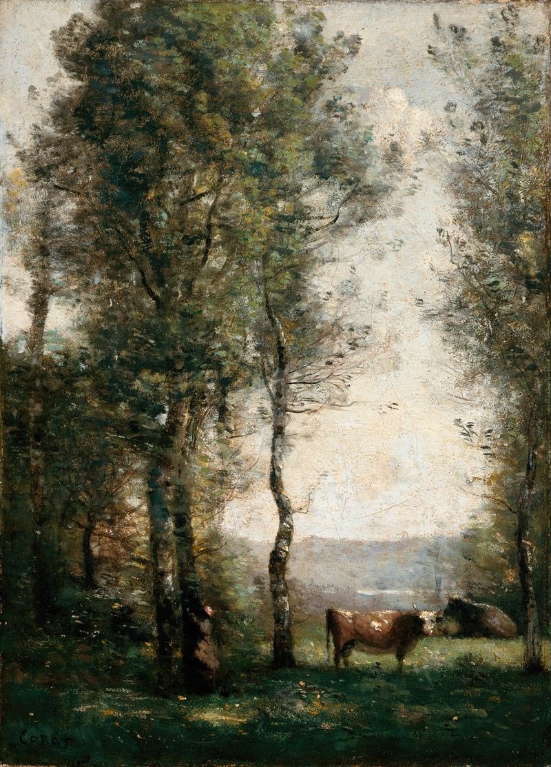 Paisagem arborizada com vacas em uma clareira, pintura a óleo de Jean-Baptiste-Camille Corot
