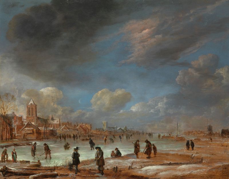 Paisagem de inverno com jogadores de kolf, óleo sobre tela de Aert van der Neer