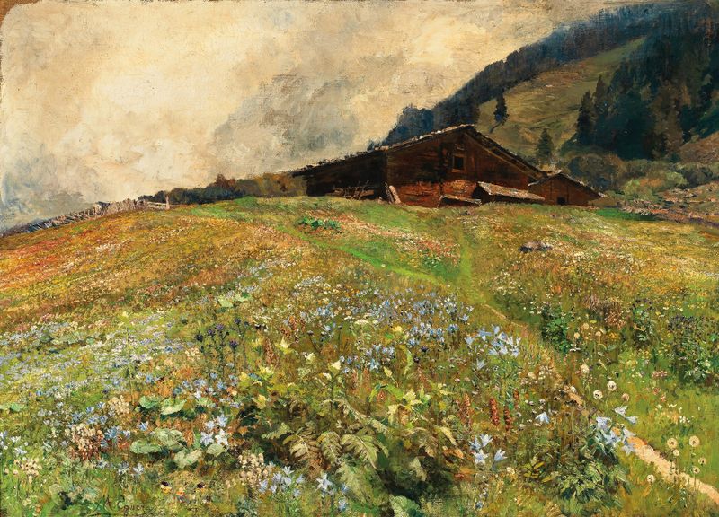 Prado alpino com flores silvestres, óleo sobre tela de Marie Egner