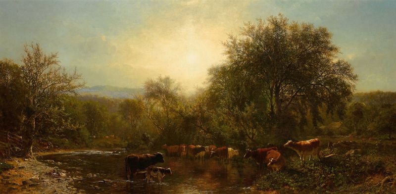 Cows Watering by James McDougal Hart, oil painting depicting cows by a stream
