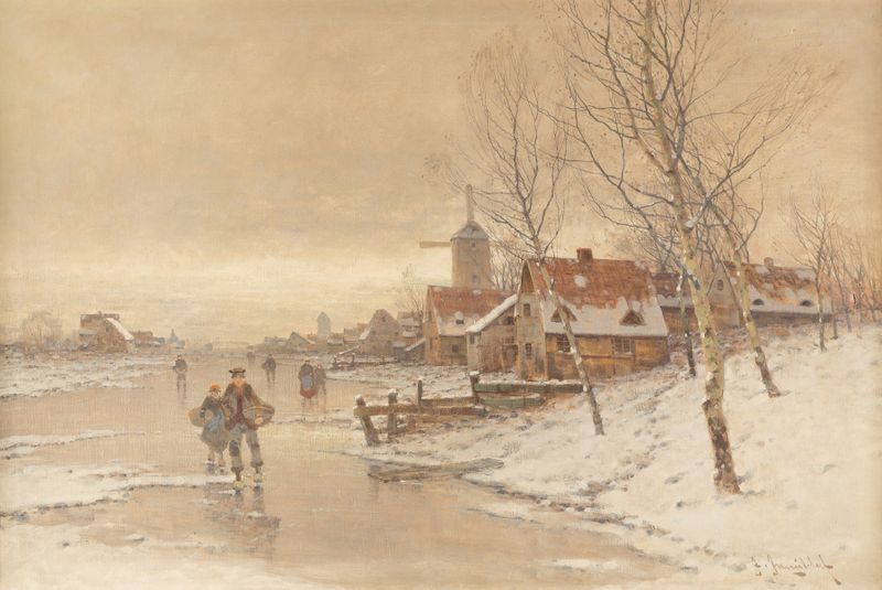 Winter landscape by Johann Jungblut, oil painting depicting snow-covered hills.