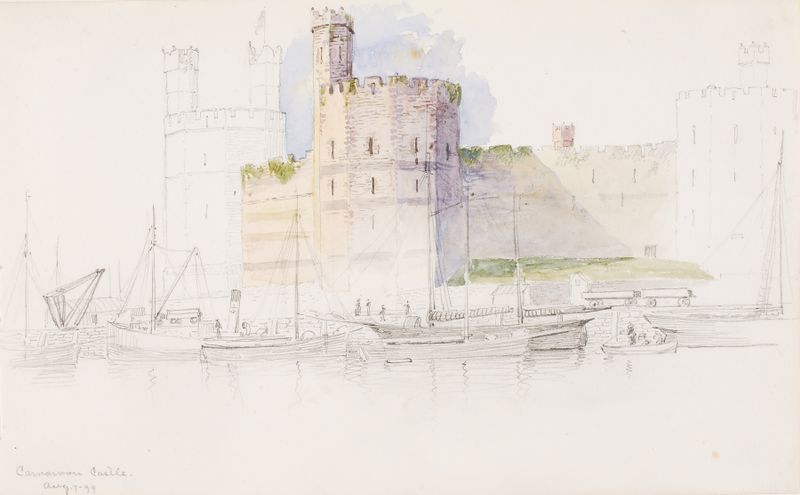 Caernarvon Castle, oil on canvas by George Elbert Burr featuring weathered stone architecture