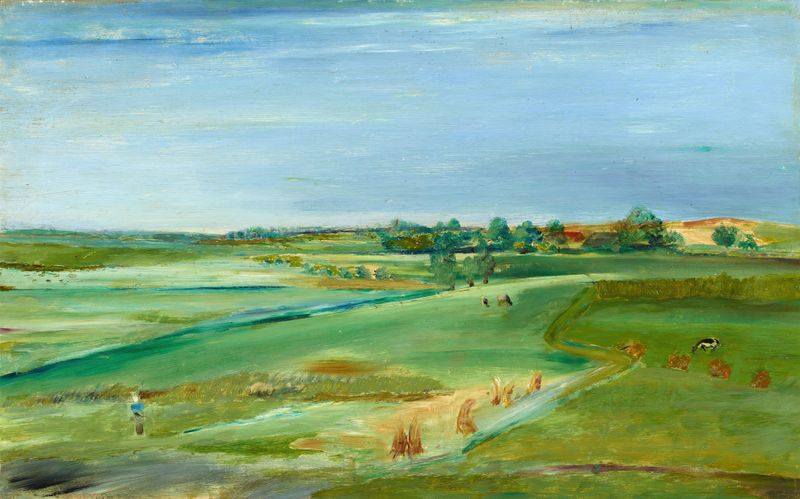 Landschaft mit Feldern de Alfred Partikel, óleo sobre tela que retrata vastos campos sob um céu pesado.