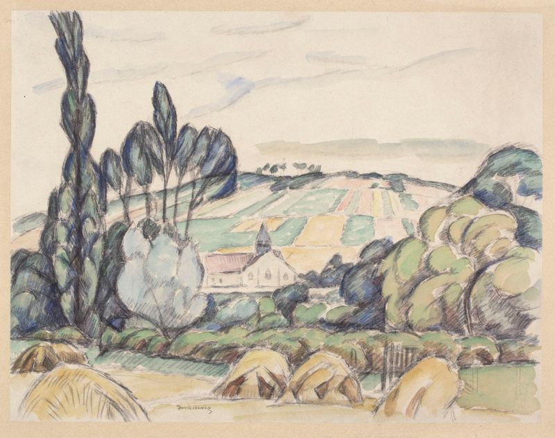 Paisagem em Giverny com a igreja de St. Radegonde de Józef Pankiewicz, óleo