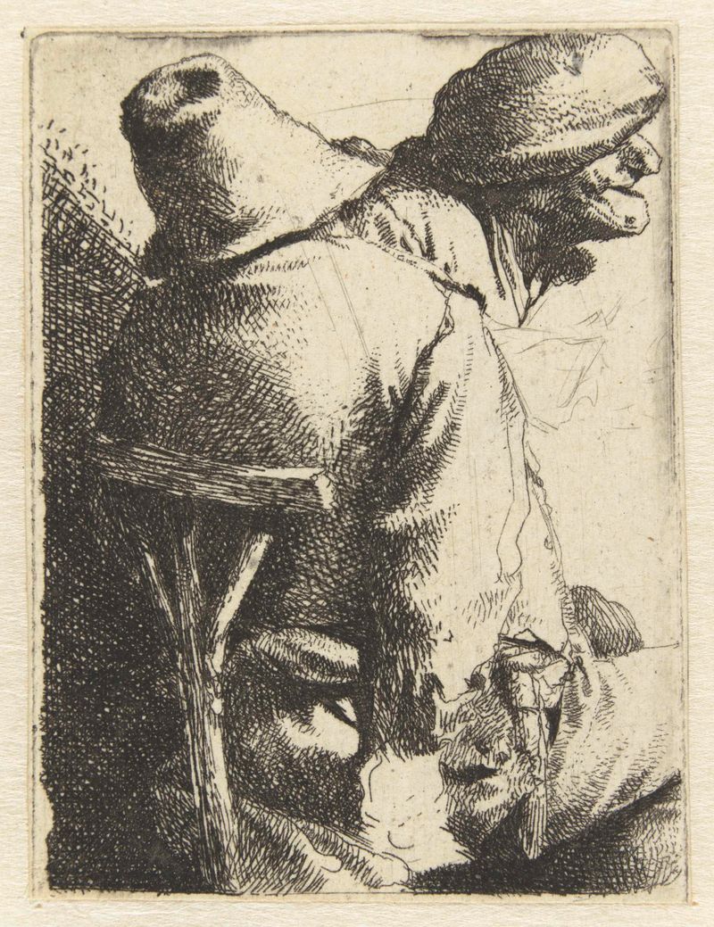 Grabado de Cornelis Pietersz. Bega que muestra una figura con un sombrero y tela drapeada.