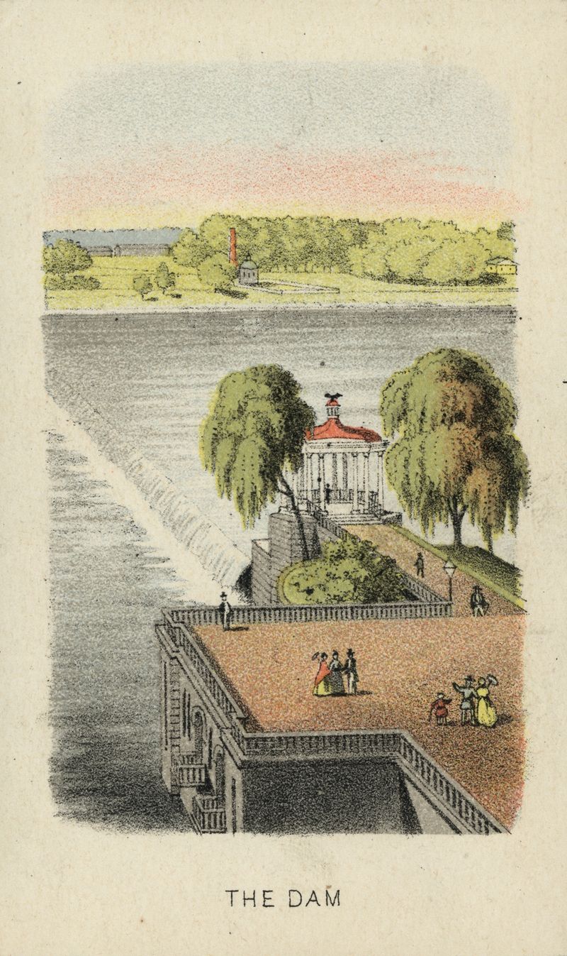 Landscape depicting a dam in muted earth tones by John C. Sinclair