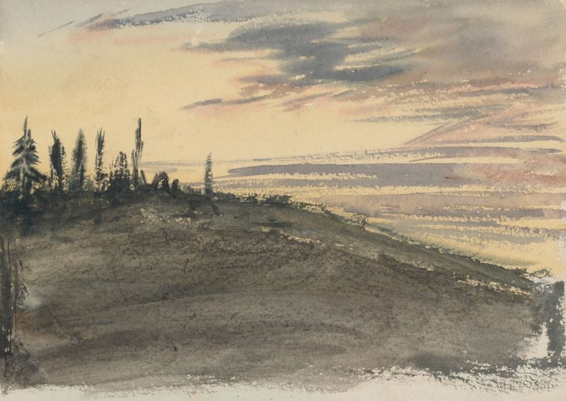 Study of a Hill with Trees by Barbara Bodichon, watercolor on paper, depicting hills and trees under dappled light