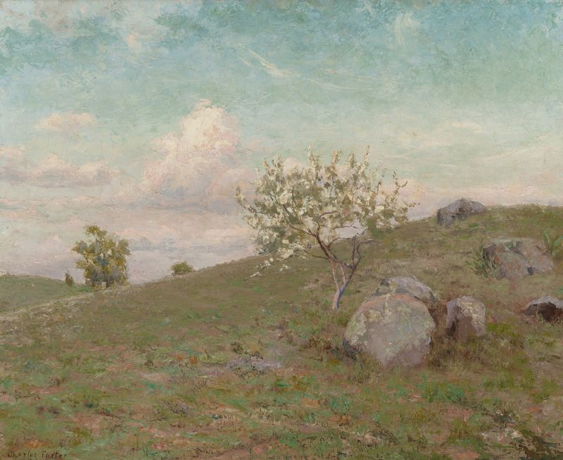 Hillside Landscape de Charles B. Foster, pintura a óleo que retrata colinas suaves e luz suave.