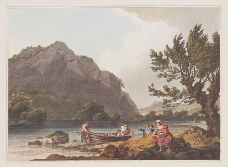 Winander Mere de Philip James de Loutherbourg, pintura al óleo que representa un lago tranquilo y colinas.