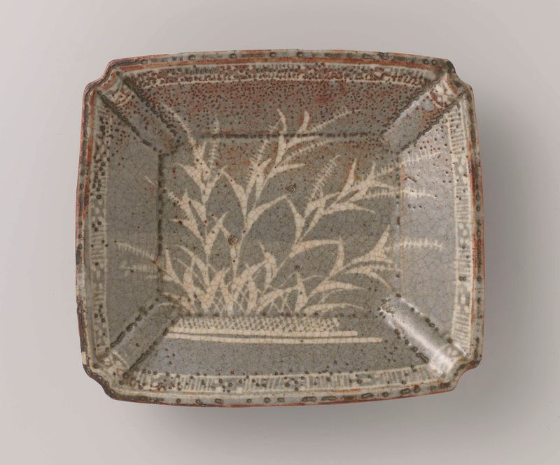 Plato rectangular con plantas, medio de piedra por Unknown Artist
