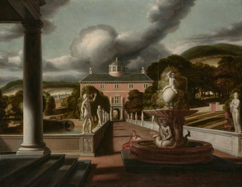 Genre scene with a woman by a fountain, oil painting by Samuel van Hoogstraten