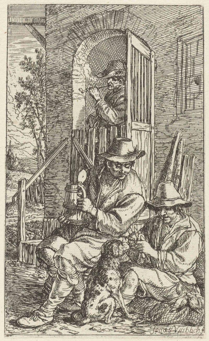 Etching by Jonas Umbach depicting two men conversing outside an inn with a dog.