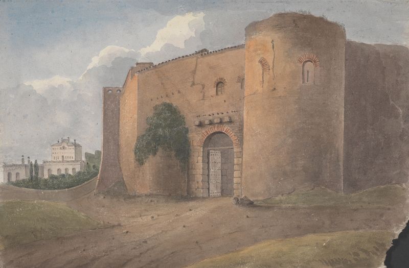 Roma, Porta Pia de Isaac Weld, retratando arquitetura e céu em um meio desconhecido.