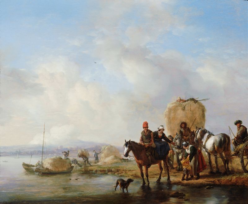 The Hay Wagon by Philips Wouwerman, oil painting depicting a rural landscape with a hay wagon.