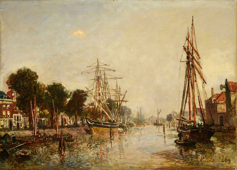Canal en Hollande de Johan Barthold Jongkind, pintura a óleo de uma paisagem serena com água e céu.