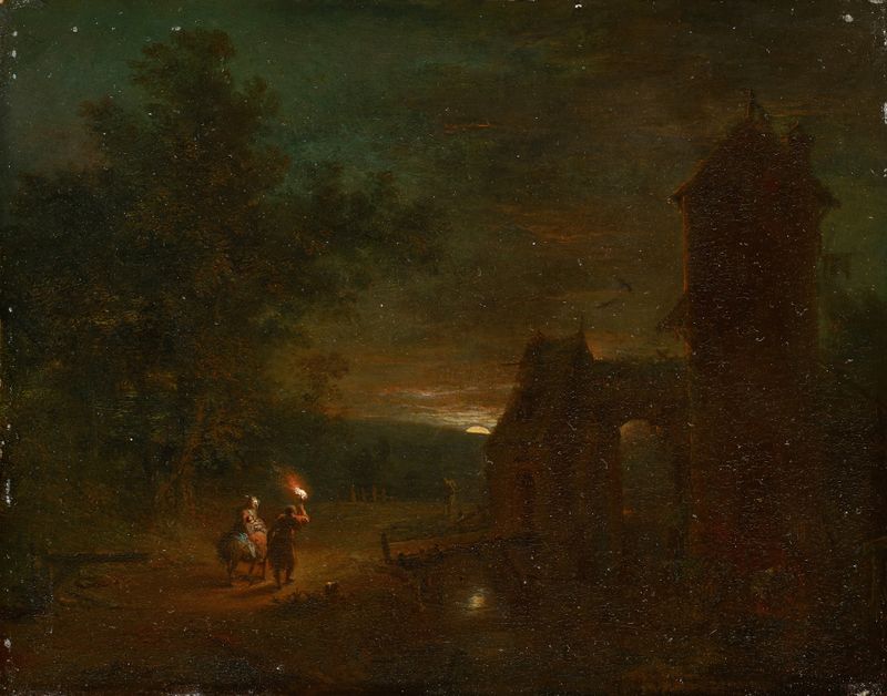 The Flight into Egypt by Johann Conrad Seekatz, oil painting depicting a family on horseback in a stormy sky.