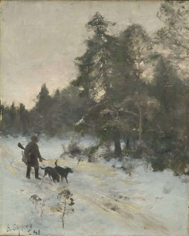 Figurative oil painting by Bruno Liljefors depicting a hunter in a forest