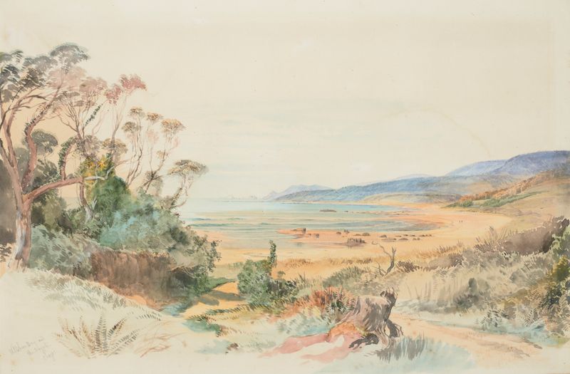 Cena marinha com penhascos e oceano de Nicholas Chevalier, 1866