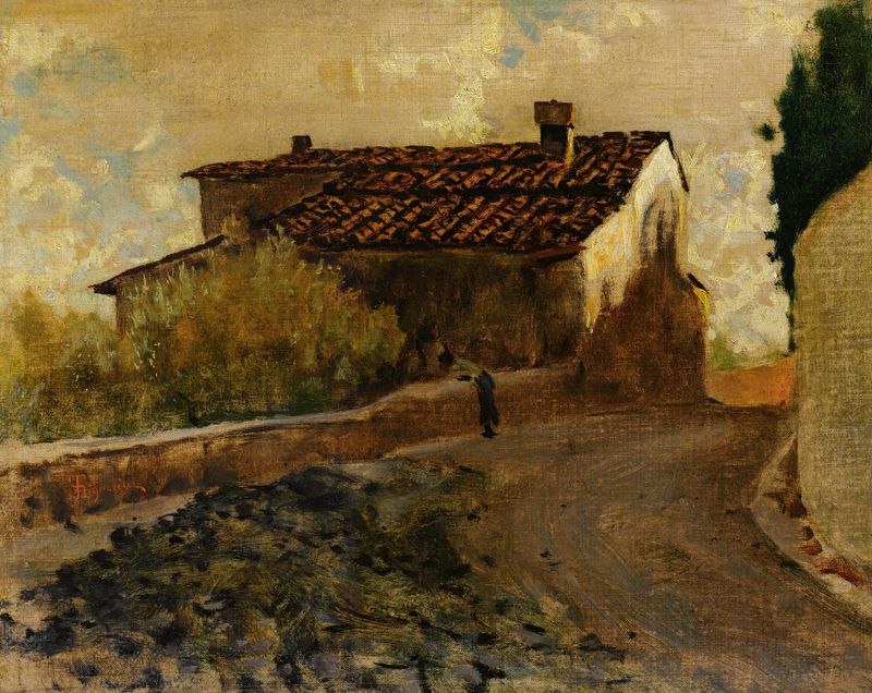 Countryside landscape with fields in oil on canvas by Telemaco Signorini