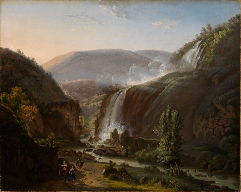 Wasserfälle bei Tivoli by Johann Martin von Rohden, oil painting depicting a waterfall and lush forest.
