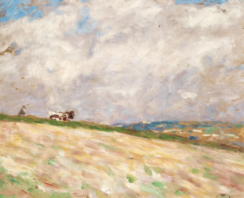 Landscape by Jindrich Prucha, oil on canvas depicting rolling hills and soft light