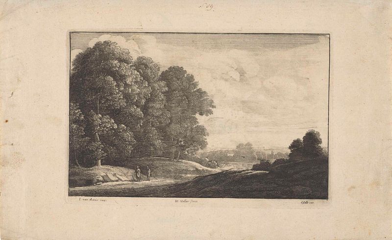 Landschap met twee wandelaars, gravura de Wenceslaus Hollar, apresentando duas figuras em uma paisagem exuberante.