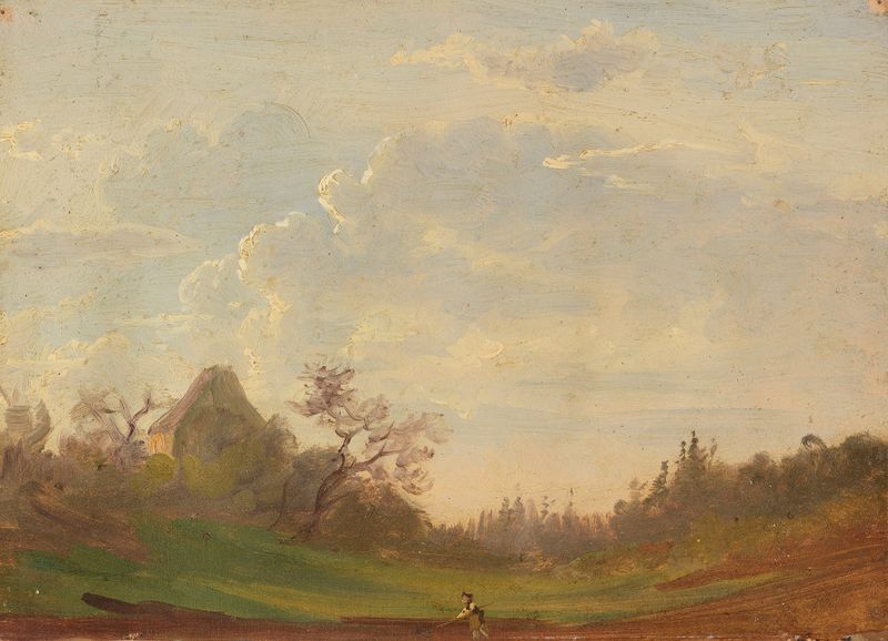 Landscape study with a farmer plowing the land, oil painting by Gustav Friedrich Papperitz