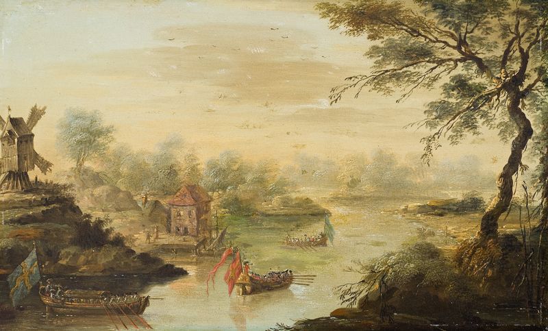 Paisagem com um moinho rústico, pintura a óleo de Johan Philip Korn