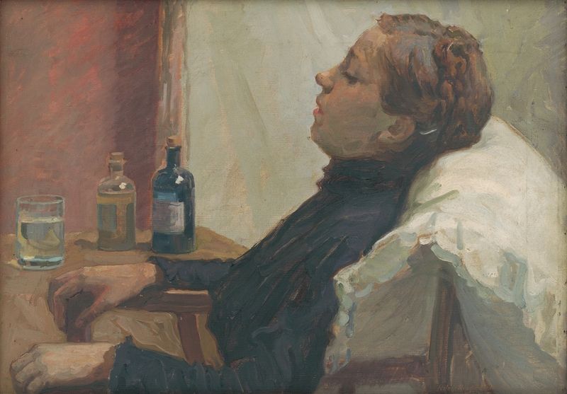 Pintura figurativa a óleo de Elemír Halász-Hradil retratando uma mulher em turbulência com luz etérea.