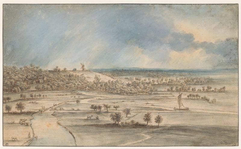 Paisaje de Lucas van Uden, que representa colinas suaves y nubes en luz suave.