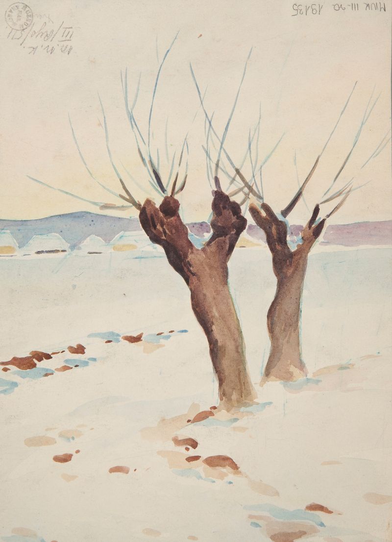 Oil painting by Ivan Ivanec depicting willows by a tranquil pond