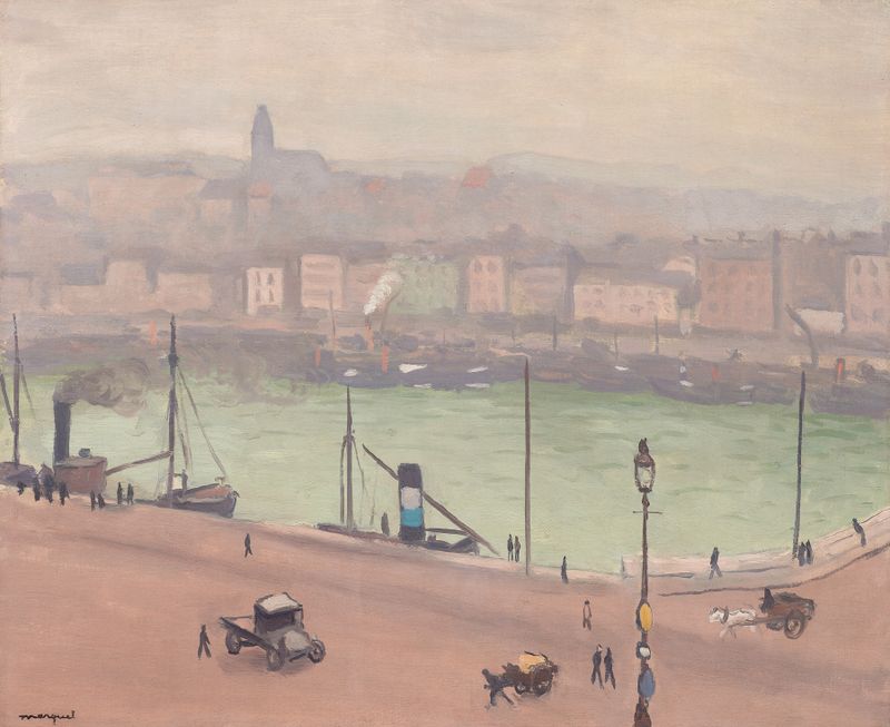Escena marina con reflejos en el puerto y barcos de Albert Marquet, 1930