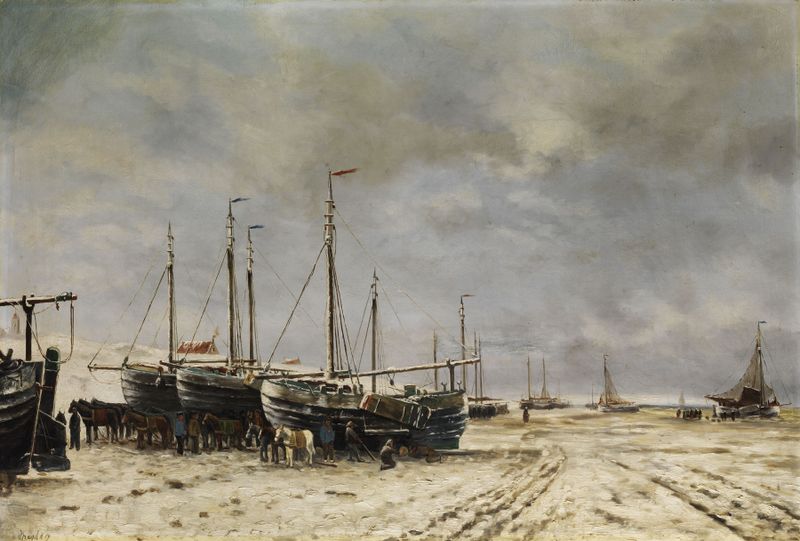 Paisagem com barcos congelados, pintura a óleo de Hendrik Willem Mesdag