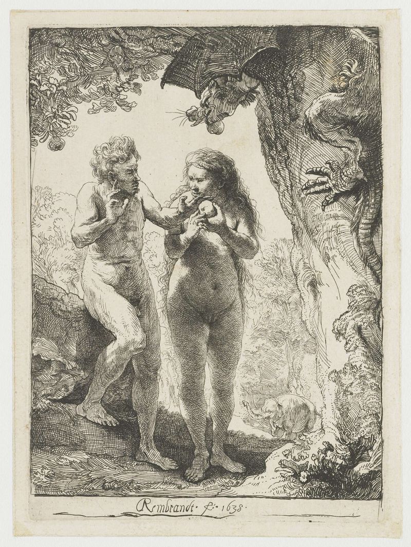 Grabado de Rembrandt van Rijn que muestra figuras desnudas entrelazadas en suaves tonos