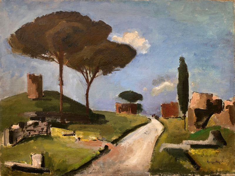 Paisagem representando a Via Appia de Otto Geigenberger, pintura a óleo