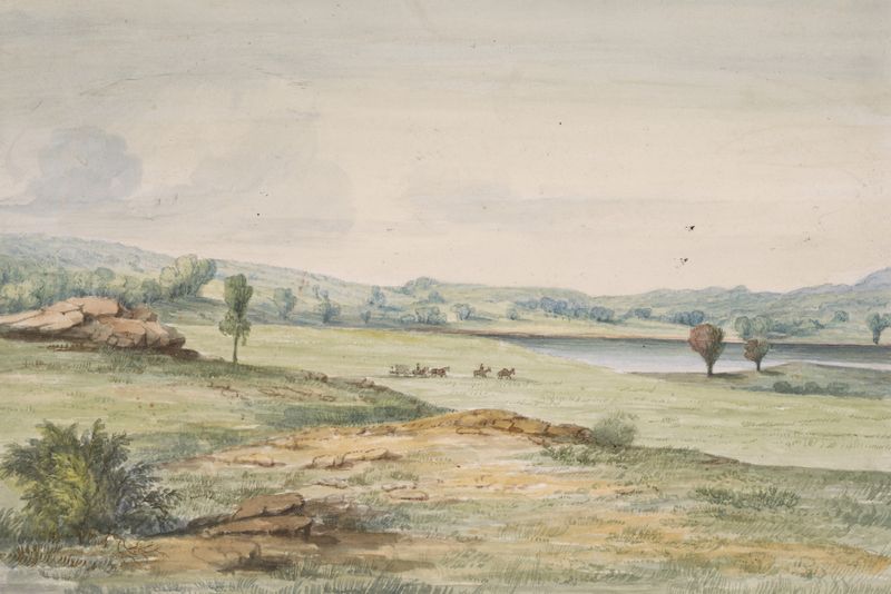 Sauk River by John Mix Stanley, oil painting depicting a tranquil river at twilight
