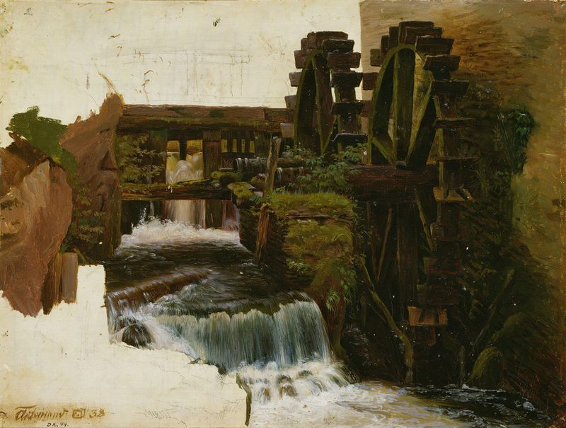 Millstream by Adolph Tidemand, oil on canvas depicting a serene landscape with a shimmering stream.