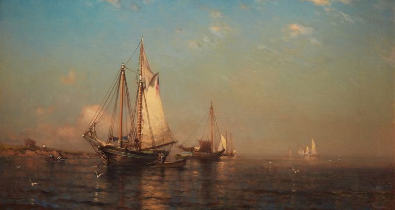 Calm Morning, Boar’s Head, New Hampshire de Arthur Quartley, óleo sobre lienzo que muestra suaves olas y luz temprana.
