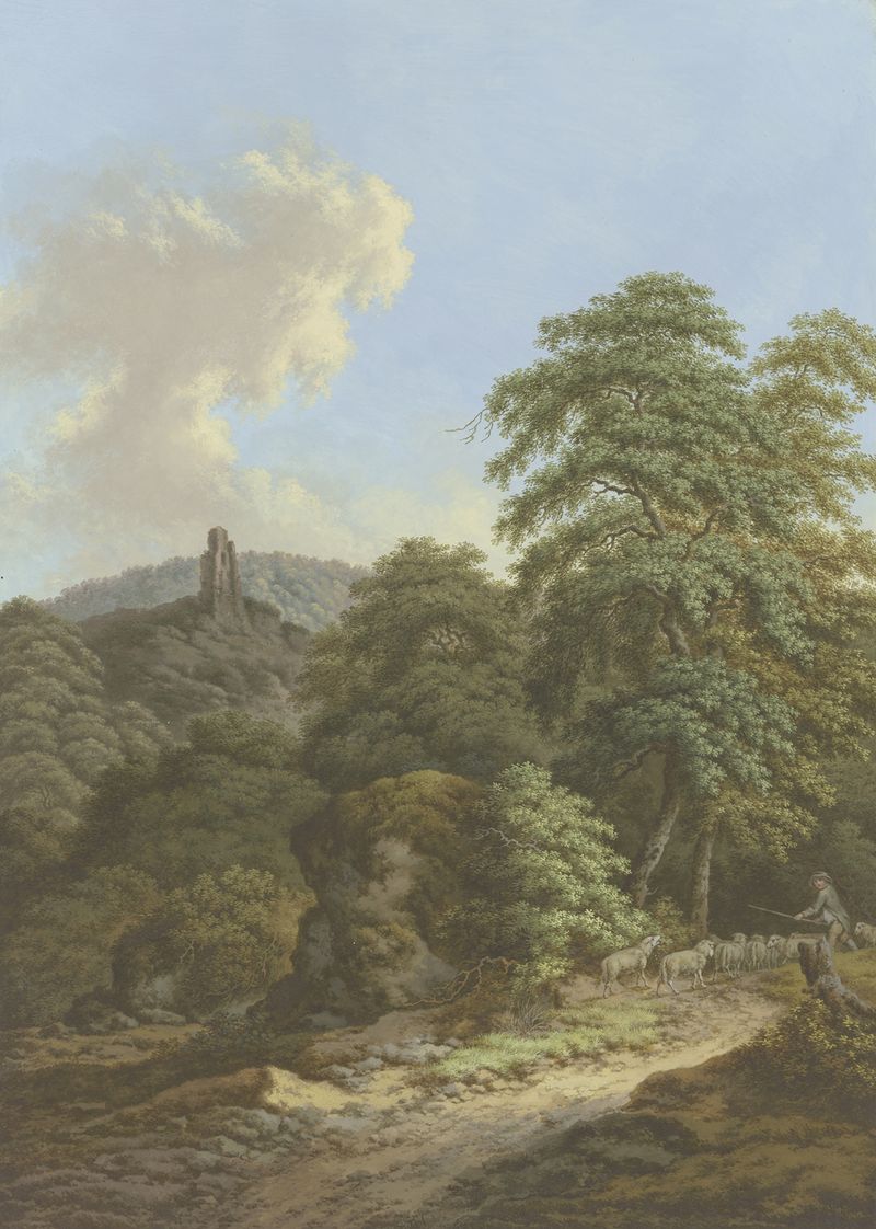 Blick auf eine Burgruine, a genre scene by Johann Albrecht Friedrich Rauscher, depicting a shepherd with flock.