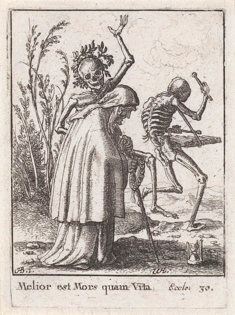 Gravura de Wenceslaus Hollar mostrando uma velha mulher confrontando a morte.