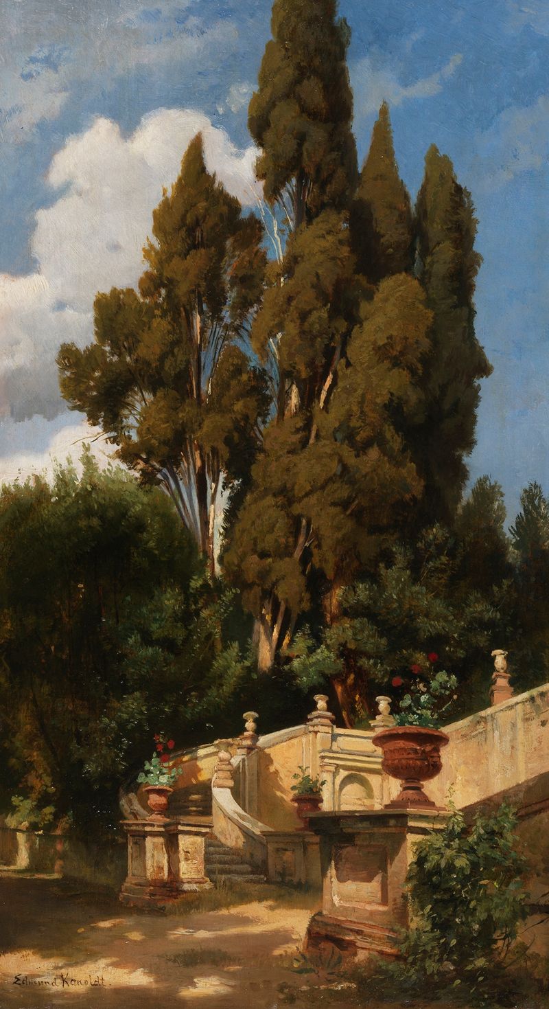 Landscape featuring a garden and fountain, oil painting by Edmund Kanoldt