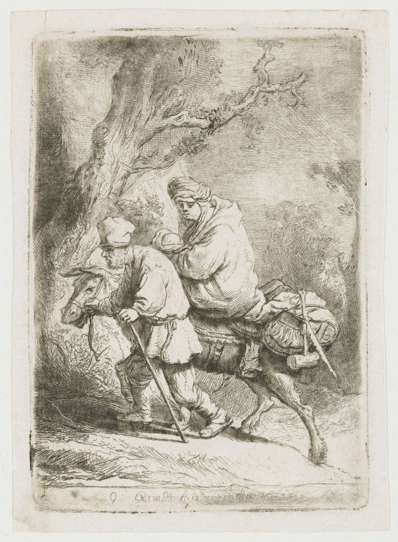 The Flight into Egypt: Small etching by Rembrandt van Rijn depicting Mary and child in light and shadow