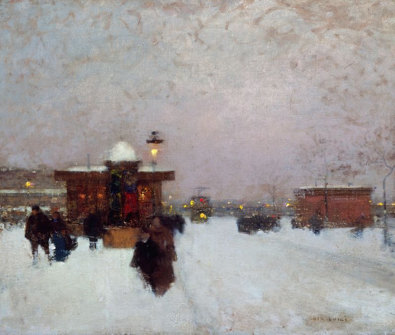 Porte Maillot; effet de neige, la nuit de Luigi Loir, óleo sobre lienzo, que representa un paisaje nevado por la noche.