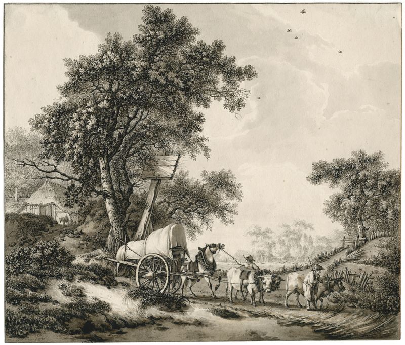 Landscape with covered waggon by Barend Hendrik Thier, oil painting depicting a serene landscape.