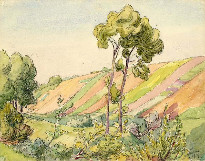 Landscape in watercolor by Albert Daenens, featuring soft hills in green and brown hues.