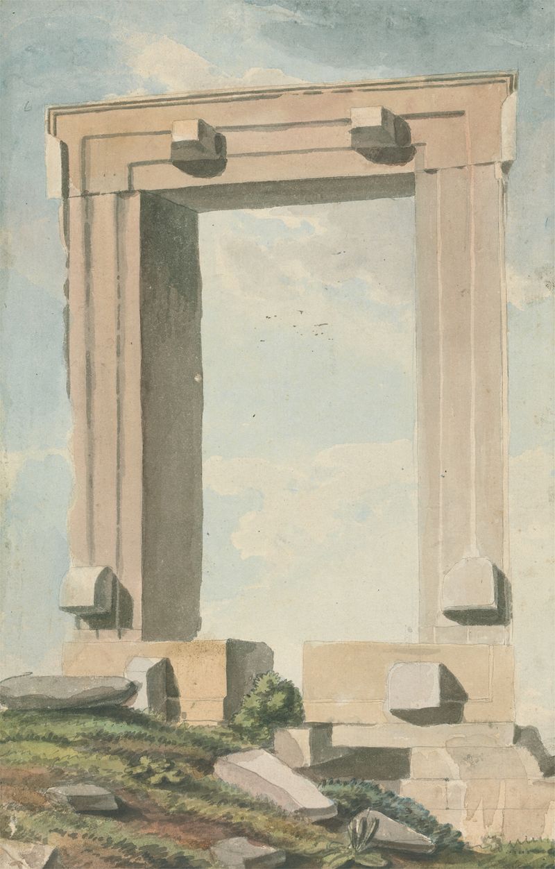 Ruined Flat Archway by Willey Reveley, depicting a crumbling archway in a muted setting, oil painting