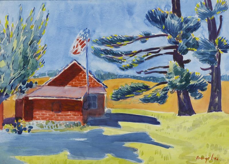 Genre scene depicting children playing outside a schoolhouse, oil painting by George Luks