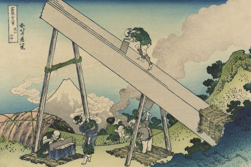 Ukiyo-e de Katsushika Hokusai que representa un paisaje sereno con montañas.