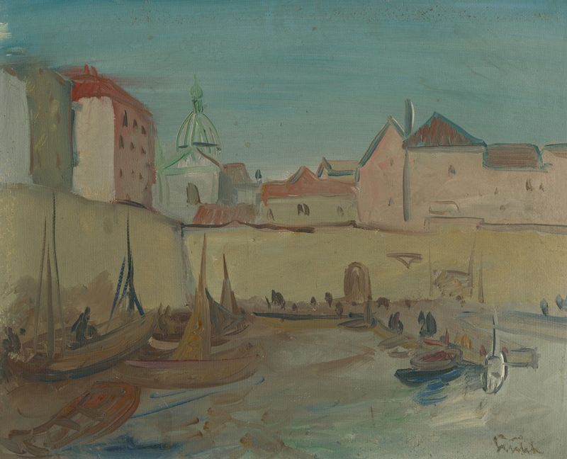 Porto de Dubrovnik de Václav Šrůtek, óleo sobre tela representando um porto sereno e o mar.