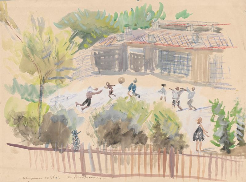School backyard oil painting by Zygmunt Waliszewski depicting children playing in a schoolyard